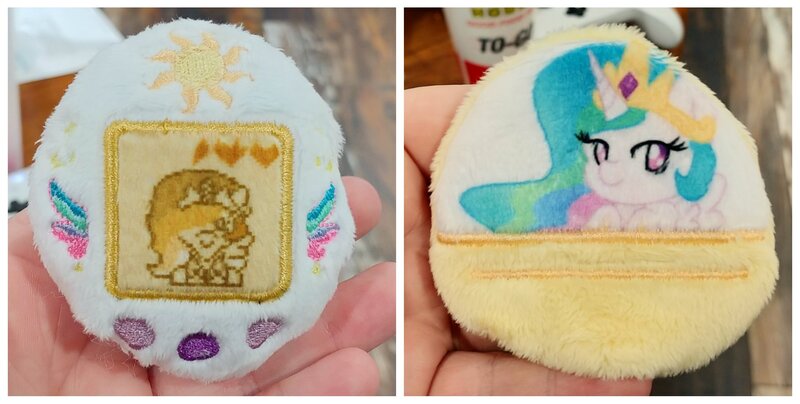 Size: 2048x1033 | Tagged: safe, artist:sew_adorkable, artist:trashkitten-plushies, derpibooru import, princess celestia, alicorn, capsule, crossover, crown, embroidery, female, gacha, jewelry, plushie, regalia, solo, tamagotchi