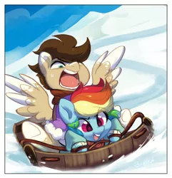 Size: 1590x1652 | Tagged: safe, artist:colorfulcolor233, derpibooru import, rainbow dash, oc, oc:skittle, pegasus, pony, canon x oc, commission, female, male, mare, shipping, skidash, sled, snow, stallion, straight