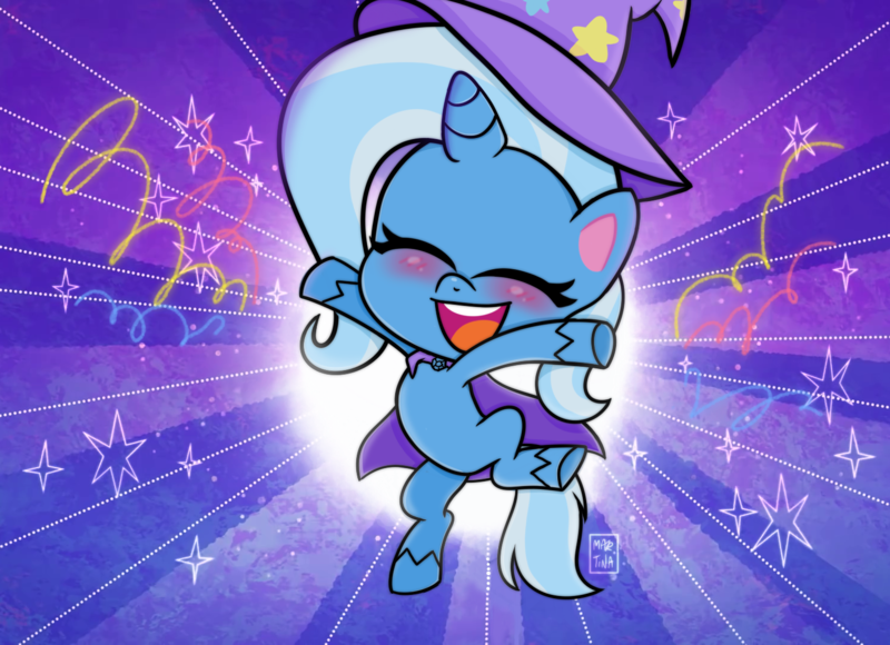 Size: 1489x1080 | Tagged: safe, artist:meqiopeach, derpibooru import, edit, edited screencap, screencap, trixie, pony, unicorn, friendship gems, my little pony: pony life, spoiler:pony life s01e12, spoiler:pony life s01e17, blushing, cape, clothes, confetti, cute, diatrixes, explosion, eyes closed, female, happy, hat, hooves in air, jumping, manip, on one hoof, raised hoof, raised leg, solo, sparkles, stars, tricks up my sleeve, trixie's cape, trixie's hat