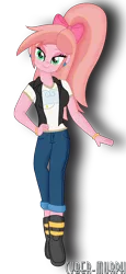 Size: 952x2072 | Tagged: safe, artist:cyber-murph, derpibooru import, oc, oc:ruby sunshine, unofficial characters only, equestria girls, bedroom eyes, boots, bow, clothes, ear piercing, earring, hand on hip, jacket, jeans, jewelry, pants, piercing, ponytail, shoes, signature, simple background, solo, transparent background, vector