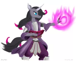 Size: 3000x2400 | Tagged: safe, artist:rockhoppr3, derpibooru import, oleander (tfh), anthro, unicorn, them's fightin' herds, armor, book, clothes, community related, fantasy class, female, fireball, robe, solo, unicornomicon