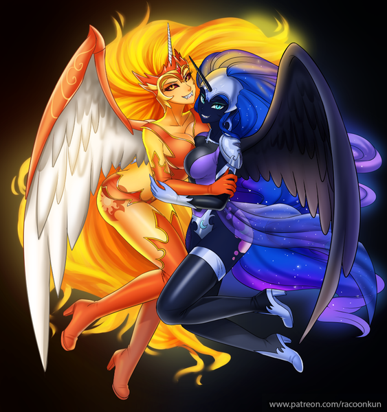 Size: 938x1000 | Tagged: armor, a royal problem, artist:racoonsan, boots, breasts, busty daybreaker, busty nightmare moon, clothes, daybreaker, derpibooru import, edit, editor:drakeyc, equestria girls edit, evil princest, female, high heels, horn, horned humanization, human, humanized, incest, lesbian, nightmare moon, princess celestia, princess luna, royal sisters, shipping, shoes, siblings, sisters, skin color edit, socks, stockings, suggestive, symmetrical docking, thigh highs, unconvincing armor, winged humanization, wings