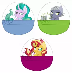 Size: 1985x2003 | Tagged: safe, artist:sew_adorkable, derpibooru import, limestone pie, mistmane, sunset shimmer, earth pony, unicorn, capsule, digital art, gacha