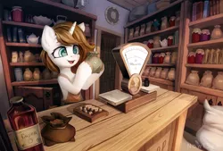 Size: 2500x1693 | Tagged: safe, artist:inowiseei, derpibooru import, oc, unofficial characters only, pony, unicorn, abacus, book, bottle, clock, clothes, counter, cup, cyrillic, female, flour sack, food, high res, holding, jar, mare, merchant, open mouth, russian, samovar, scale, shop, smiling, solo, tea, teacup