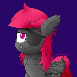 Size: 942x942 | Tagged: safe, artist:silversparkpone, derpibooru import, oc, oc:neon shift, bat pony, pony, blue background, eyepatch, female, mare, simple background, solo