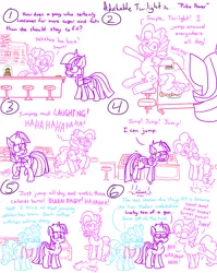 Size: 4779x6013 | Tagged: safe, artist:adorkabletwilightandfriends, derpibooru import, cup cake, pinkie pie, twilight sparkle, twilight sparkle (alicorn), alicorn, earth pony, pony, comic:adorkable twilight and friends, adorkable, adorkable twilight, apron, clothes, comic, counter, cute, dork, exercise, fitness, goofy, happy, hopping, humor, jumping, laughing, metabolism, silly, smiling, stool, sugarcube corner