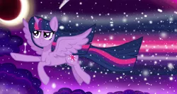 Size: 1500x800 | Tagged: safe, artist:katya, derpibooru import, twilight sparkle, alicorn, cloud, eclipse, female, glow, glowing mane, lunar eclipse, moon, night, solo, sonic boom, sonic rainboom, sparkles, stars, twilight sparkle (alicorn)