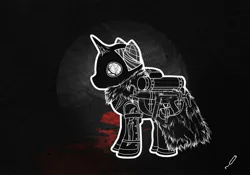 Size: 2560x1797 | Tagged: safe, artist:psuna, derpibooru import, oc, oc:sunny flower, pony, unicorn, fallout equestria, fanfic, fanfic:apocalypse after us, clothes, coat, fallout, fanfic art, fur, gas mask, gun, mad max, male, mask, solo, stallion, submachinegun, weapon