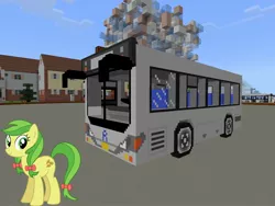 Size: 2048x1536 | Tagged: safe, artist:eugenebrony, artist:topsangtheman, derpibooru import, apple fritter, earth pony, pony, apple family member, bus, female, house, looking at you, minecraft, photoshopped into minecraft, solo