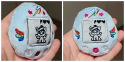 Size: 2048x1024 | Tagged: safe, artist:sew_adorkable, artist:trashkitten-plushies, derpibooru import, rainbow dash, pegasus, buttons, hand, irl, photo, plushie, solo, tamagotchi