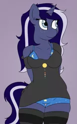 Size: 603x971 | Tagged: safe, artist:sixfour, derpibooru import, oc, oc:ethereal trails, unofficial characters only, anthro, unicorn, blue underwear, boyshorts, bra, clothes, female, freckles, panties, polka dot underwear, rule 63, shirt, socks, solo, underwear