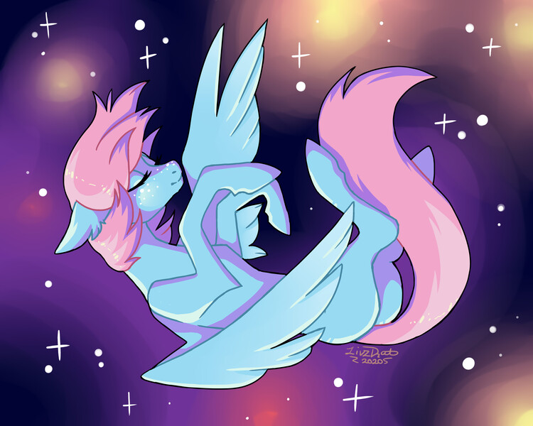 Size: 4724x3779 | Tagged: safe, artist:livzkat, derpibooru import, oc, oc:dipper, unofficial characters only, pegasus, pony, female, floating, free, mare, peaceful, solo, space, stars, the cosmos