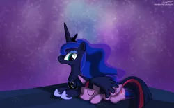 Size: 4800x3000 | Tagged: alicorn, artist:magnusmagnum, cute, derpibooru import, ethereal mane, eyes closed, eyeshadow, friendshipping, galaxy, hug, jewelry, lunabetes, makeup, maternaluna, maternaluna fuel, night, princess luna, prone, regalia, safe, shade, show accurate, smiling, snuggling, stars, sweet dreams fuel, this will end in hugs, twiabetes, twilight sparkle, twilight sparkle (alicorn), winghug, wings