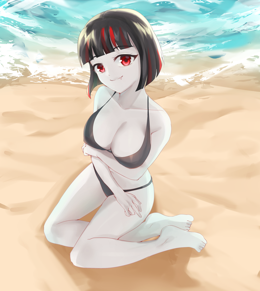 Size: 2480x2774 | Tagged: suggestive, artist:dp6523, derpibooru import, oc, oc:raven moon, vampire, equestria girls, adorasexy, beach, bikini, black and red, black bikini, breasts, clothes, cute, female, goth, looking at you, ocean, pale, red eyes, sexy, solo, swimsuit, white skin