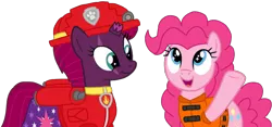 Size: 2304x1080 | Tagged: safe, alternate version, artist:徐詩珮, derpibooru import, fizzlepop berrytwist, pinkie pie, tempest shadow, earth pony, pony, unicorn, series:sprglitemplight diary, series:sprglitemplight life jacket days, series:springshadowdrops diary, series:springshadowdrops life jacket days, alternate universe, background removed, base used, broken horn, clothes, cute, cutie mark, cutie mark on clothes, diapinkes, dress, duo, eye scar, eyelashes, female, helmet, horn, lesbian, lifejacket, looking up, mare, marshall (paw patrol), open mouth, paw patrol, paw prints, raised hoof, scar, shipping, simple background, smiling, tempestpie, transparent background, underhoof