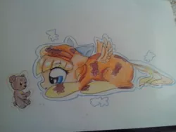 Size: 1280x960 | Tagged: safe, artist:kiwwsplash, derpibooru import, oc, unofficial characters only, pegasus, pony, bow, hair bow, pegasus oc, prone, solo, teddy bear, traditional art, wings