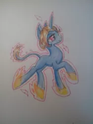 Size: 640x853 | Tagged: safe, artist:kiwwsplash, derpibooru import, oc, unofficial characters only, pony, unicorn, glowing horn, hoof shoes, horn, leonine tail, levitation, magic, self-levitation, solo, telekinesis, traditional art, unicorn oc