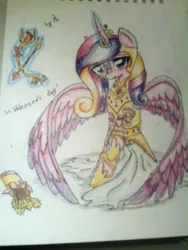 Size: 960x1280 | Tagged: safe, artist:kiwwsplash, derpibooru import, princess cadance, alicorn, pony, armor, arrow, bow (weapon), female, glowing horn, horn, magic, mare, solo, teddy bear, telekinesis, traditional art