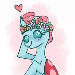 Size: 1200x1200 | Tagged: safe, artist:emiiambar, derpibooru import, ocellus, changedling, changeling, blushing, cute, diaocelles, digital art, female, floral head wreath, flower, heart, smiling, solo