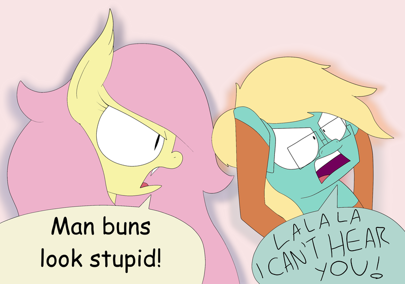 Size: 2510x1764 | Tagged: safe, derpibooru import, edit, fluttershy, zephyr breeze, exploitable meme, lalala, manbun, meme