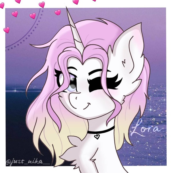 Size: 1080x1080 | Tagged: dead source, safe, artist:just_nika__, derpibooru import, oc, unofficial characters only, pony, unicorn, bust, chest fluff, choker, ear fluff, horn, one eye closed, solo, unicorn oc, wink