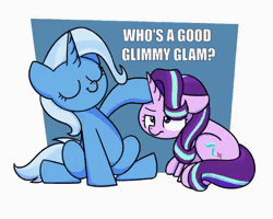 Size: 560x448 | Tagged: safe, artist:sugar morning, derpibooru import, edit, starlight glimmer, trixie, pony, unicorn, abstract background, animated, cute, duo, eyes closed, female, frame by frame, glimglam, glimmy, head pat, mare, pat, starlight is not amused, text, unamused