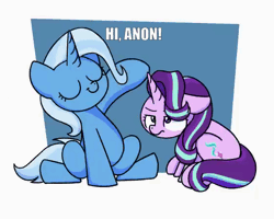Size: 560x448 | Tagged: safe, artist:sugar morning, derpibooru import, edit, starlight glimmer, trixie, pony, unicorn, abstract background, animated, cute, duo, eyes closed, female, frame by frame, hi anon, implied anon, meme, starlight is not amused, text, unamused, waving