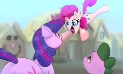 Size: 5000x3000 | Tagged: safe, artist:xbi, derpibooru import, pinkie pie, spike, twilight sparkle, dragon, earth pony, pony, unicorn, friendship is magic, both cutie marks, jumping, pinkie pie and twilight sparkle first meeting, scene interpretation, shocked expression, tabun art-battle finished after, unicorn twilight