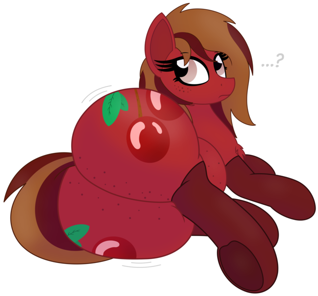 Size: 5010x4669 | Tagged: suggestive, artist:chespi, derpibooru import, oc, oc:cherry spirit, unofficial characters only, earth pony, pony, belly, butt, butt expansion, clothes, cute, female, freckles, growth, huge butt, impossibly large butt, large butt, looking back, lying on the ground, mare, question mark, simple background, socks, solo, solo female, stockings, the ass was fat, thigh highs, transparent background, underhoof, wide hips