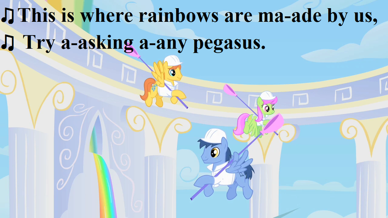 Size: 1280x720 | Tagged: safe, derpibooru import, edit, edited screencap, screencap, blues, merry may, noteworthy, warm front, pegasus, sonic rainboom (episode), clothes, cloudsdale, day, flying, g3, g3 to g4, generation leap, greetings from unicornia, lyrics, music notes, pegasus noteworthy, race swap, rainbow, song reference, text, trio, weather factory, weather factory uniform, wish you were here (song)