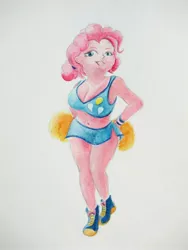 Size: 1536x2048 | Tagged: suggestive, artist:sakakurabbit, derpibooru import, pinkie pie, human, equestria girls, belly button, breasts, cheerleader, female, humanized, traditional art