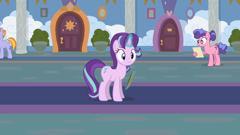 Size: 1246x701 | Tagged: safe, artist:agrol, derpibooru import, auburn vision, berry blend, berry bliss, starlight glimmer, headmare of the school, blissabetes, clipboard, cute, friendship student, glimmerbetes, magic, magic aura, school of friendship, youtube source