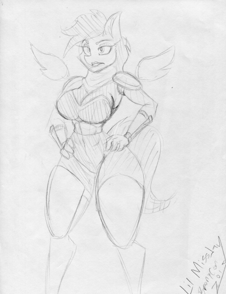 Size: 2521x3271 | Tagged: questionable, artist:lil miss jay, derpibooru import, oc, oc:bracer, unofficial characters only, anthro, pegasus, unguligrade anthro, armor, big breasts, breasts, emw:mmmm, floating wings, leather armor, pencil drawing, traditional art, wings