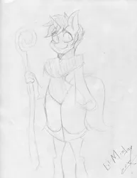 Size: 2521x3271 | Tagged: safe, artist:lil miss jay, derpibooru import, oc, oc:mcfinnigan the mage, unofficial characters only, anthro, unguligrade anthro, unicorn, emw:mmmm, pencil drawing, staff, traditional art