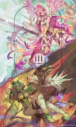 Size: 1080x1795 | Tagged: safe, artist:animesoul, derpibooru import, king sombra, princess cadance, queen chrysalis, shining armor, anthro, horse, human, equestria girls, armor, chrysombra, elf ears, female, fight, horn, horned humanization, humanized, knight, male, shipping, straight, sword, tarot card, weapon, winged humanization, wings