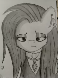 Size: 1836x2450 | Tagged: safe, artist:dandereshy, derpibooru import, fluttershy, pegasus, pony, bust, cheek fluff, clothes, ear fluff, ear piercing, earring, female, fluttergoth, frown, jewelry, makeup, monochrome, pencil drawing, pendant, piercing, solo, traditional art, unamused