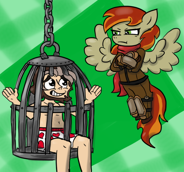 Size: 640x600 | Tagged: armor, artist:technicolor pie, boxers, cage, clothes, commission, derpibooru import, emw:mmmm, human, leather armor, oc, oc:bracer, oc:mcfinnigan the mage, pegasus, pegasus oc, questionable, spread wings, underwear, unofficial characters only, wings