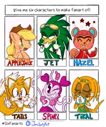 Size: 1711x2048 | Tagged: safe, artist:juniibugart, derpibooru import, applejack, anthro, bird, earth pony, echidna, fox, hawk, pony, squirrel, six fanarts, animal crossing, anthro with ponies, bust, clothes, eyelashes, eyes closed, female, freckles, gloves, goggles, grin, hat, jet the hawk, mare, miles "tails" prower, one eye closed, open mouth, pacman eyes, praying, smiling, sonic the hedgehog (series), spinel (steven universe), steven universe, tikal, unshorn fetlocks, wink
