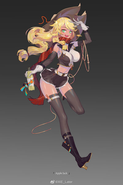 2257619 Safe Artist Xxiee Derpibooru Import Applejack Human Anime Applejack S Hat Apple Juice Belly Button Boots Bottle Clothes Cowboy Hat Female Hat Humanized Juice Lasso Rope Scarf Shoes Solo Twibooru