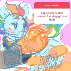 Size: 1080x1080 | Tagged: safe, artist:clumsily.jojo, derpibooru import, applejack, rainbow dash, earth pony, pegasus, pony, appledash, construction lines, female, hug, lesbian, mare, older, older applejack, older rainbow dash, shipping, signature