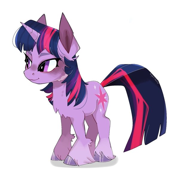 Size: 1314x1331 | Tagged: safe, artist:sugarr.hound, derpibooru import, twilight sparkle, pony, unicorn, chest fluff, emala jiss challenge, female, mare, simple background, smiling, solo, unicorn twilight, unshorn fetlocks, white background