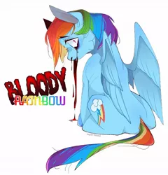 Size: 1080x1127 | Tagged: semi-grimdark, artist:sugarr.hound, derpibooru import, rainbow dash, pegasus, pony, black eye, blood, blood in mouth, blood on face, bruised, female, looking at you, mare, nosebleed, simple background, sitting, white background