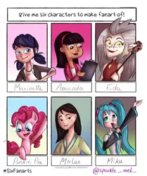 Size: 818x977 | Tagged: safe, artist:sparkle_mel_, derpibooru import, pinkie pie, earth pony, human, pony, six fanarts, bust, clipboard, clothes, crossover, dark skin, eda, female, hairband, hatsune miku, looking down, mare, marinette dupain-cheng, microphone, milo murphy's law, miraculous ladybug, mulan, ope, singing, smiling, staff, the owl house, vocaloid