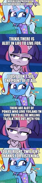 Size: 500x2171 | Tagged: safe, derpibooru import, screencap, trixie, twilight sparkle, alicorn, pony, unicorn, campfire stories, friendship gems, my little pony: pony life, spoiler:pony life s01e11, spoiler:pony life s01e12, spoiler:pony life s01e16, spoiler:pony life s01e17, caption, image macro, meme, suicidal, suicide, text