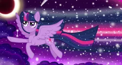 Size: 1500x800 | Tagged: safe, artist:katya, derpibooru import, twilight sparkle, alicorn, pony, cloud, eclipse, ethereal mane, female, flying, mare, moon, shooting star, sky, solo, starry mane, stars, sun