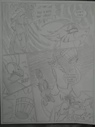 Size: 1944x2592 | Tagged: semi-grimdark, artist:princebluemoon3, derpibooru import, cosmos (character), discord, thunderlane, draconequus, pegasus, pony, comic:the chaos within us, black and white, bucket, canterlot, castle, chaos, comic, commissioner:bigonionbean, dialogue, dream, female, floating, forced, grayscale, magic, male, monochrome, night, nightmare, panicking, rubble, ruins, shocked, shocked expression, stallion, terrified, zippermouth