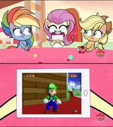 Size: 533x600 | Tagged: safe, derpibooru import, edit, edited screencap, screencap, applejack, fluttershy, rainbow dash, friendship gems, my little pony: pony life, spoiler:pony life s01e12, spoiler:pony life s01e17, beta, luigi, source code, super mario 64, super mario bros., treehouse logo