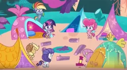 Size: 1194x660 | Tagged: safe, deleted from derpibooru, derpibooru import, screencap, applejack, fluttershy, pinkie pie, rainbow dash, rarity, twilight sparkle, pony, unicorn, a camping we will go, my little pony: pony life, spoiler:pony life s01e11, spoiler:pony life s01e15, bipedal, camping, female, mane six, mare, tent