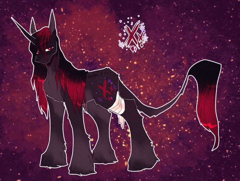 Size: 1974x1493 | Tagged: safe, artist:iheyyasyfox, artist:shootingstaryt, derpibooru import, oc, pony, unicorn, bandage, magical lesbian spawn, male, offspring, parent:tempest shadow, parent:twilight sparkle, parents:tempestlight, solo, stallion