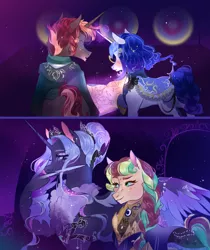 Size: 1000x1188 | Tagged: safe, artist:bunnari, derpibooru import, oc, oc:astral tone, oc:crimson charm, oc:forest fae, oc:spectra nocturna, unofficial characters only, pony, unicorn, female, magical lesbian spawn, male, mare, offspring, parent:applejack, parent:nightmare moon, parent:starlight glimmer, parent:twilight sparkle, parents:glimmerjack, parents:twimoon, stallion